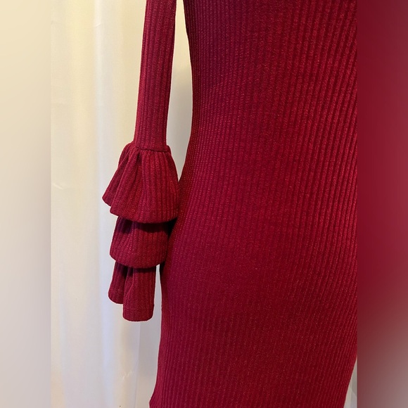 FAVLUX Red Ribbed Ruffle Tiered Long Sleeve Above Knee Dress - Picture 2 of 5